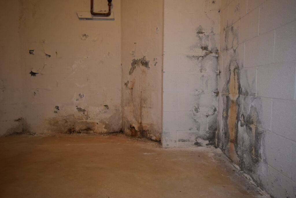 grey and white stains on white basement wall
