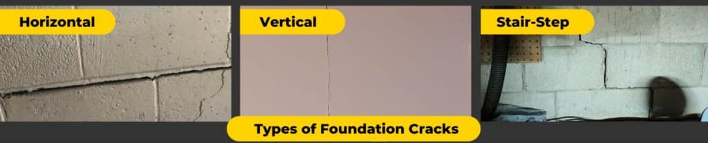 three types of foundation cracks: horizontal, vertical, stair step