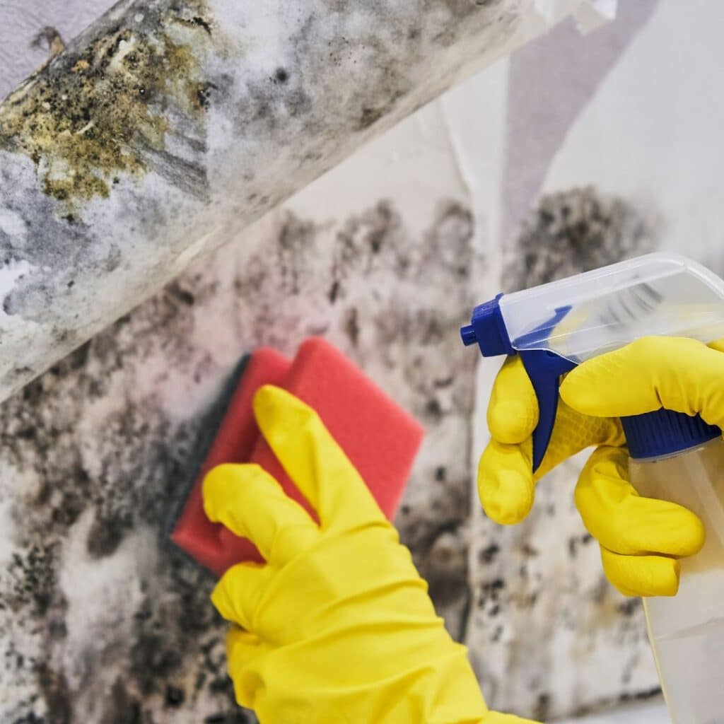 cleaning mold on wall with scrub sponge and sprayer with gloves on