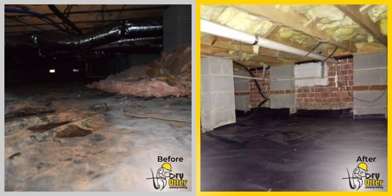 Crawl space vapor barrier before and after