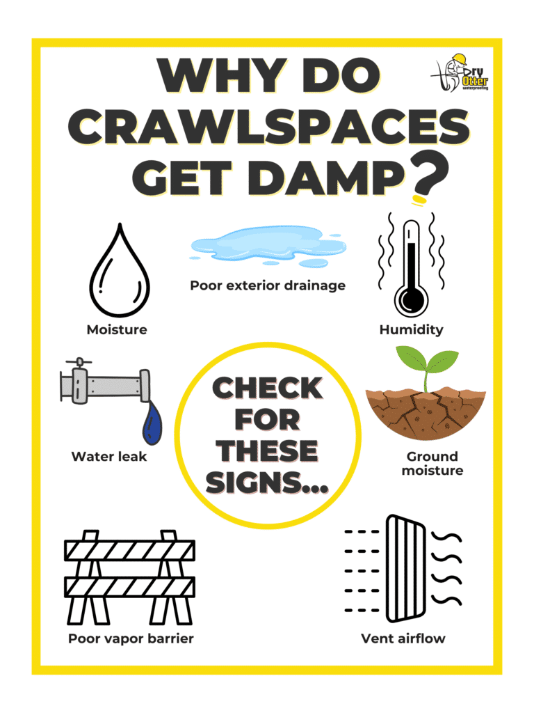 Infographic explaining why do crawl spaces get damp using simple icons that show moisture, leaks, humidity, and drainage issues.